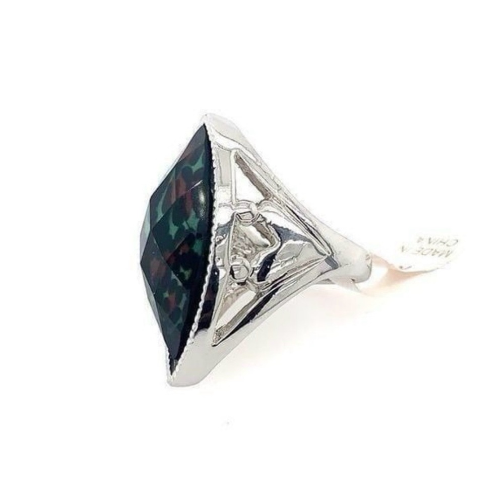 Silver Marquise Green Leopard-Print Statement Ring - Picture 2 of 4